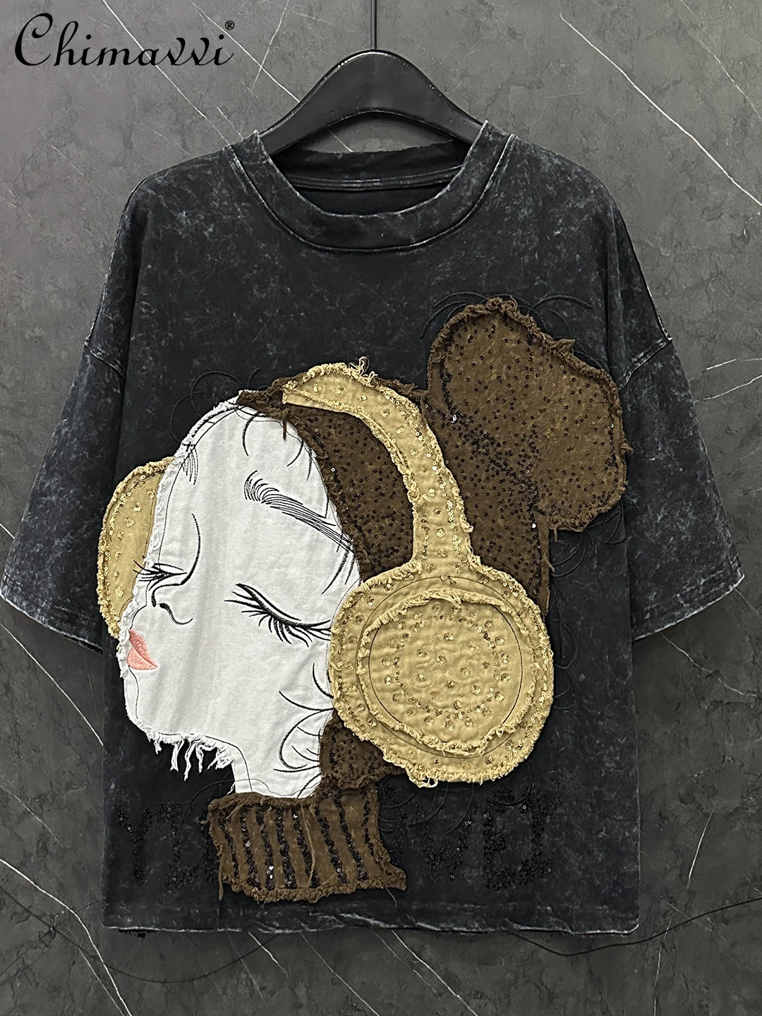 

2025 Autumn New Heavy Cartoon Headphone Little Girl Round Neck Short Sleeve T-Shirt Women Fashion Loose Casual Tees Top