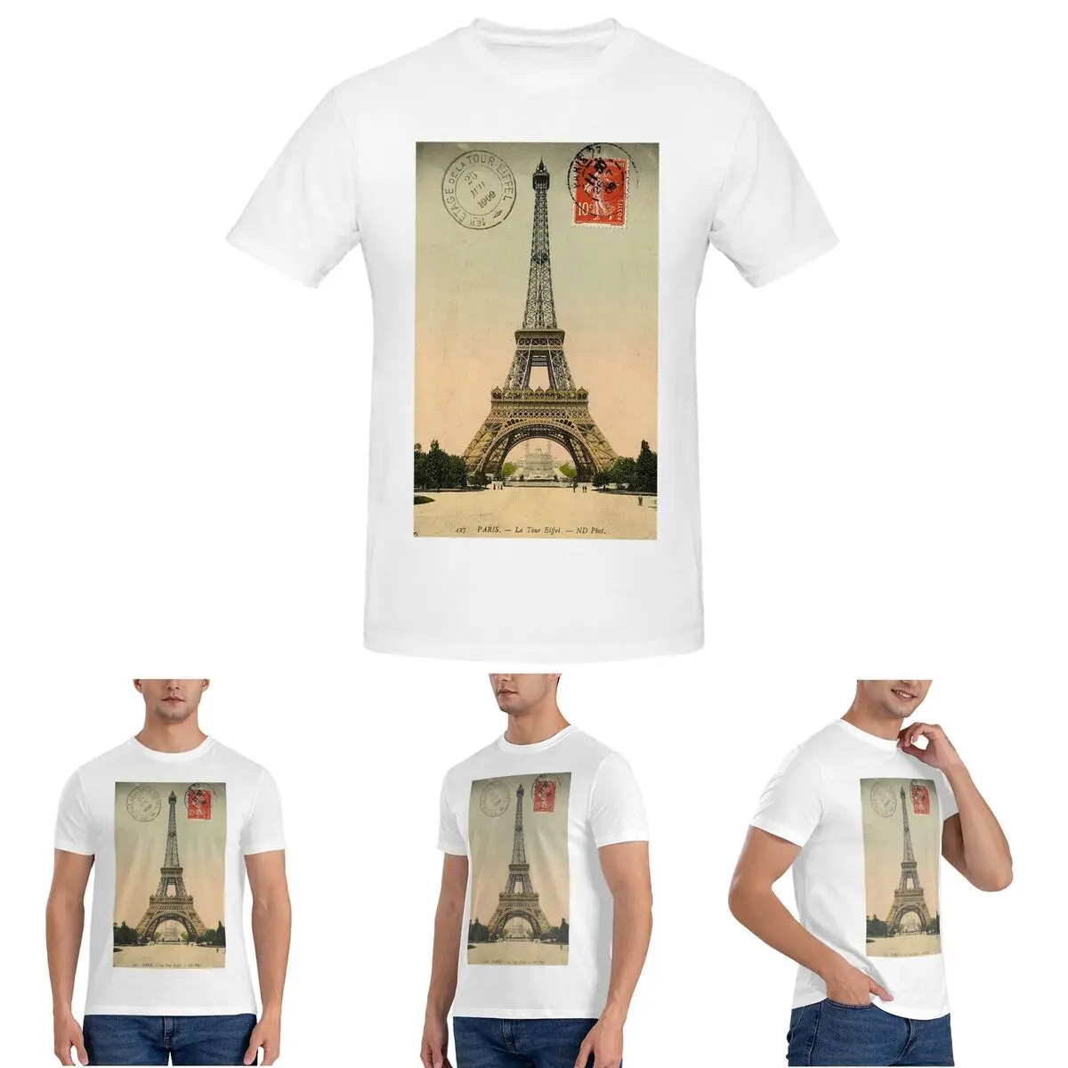 

Eiffel Tower Vintage French Postcard T-Shirt for Men Cotton Oversized T Shirts Men's Short Sleeve O-Neck Clothes Tops S-6XL