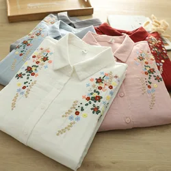 2026 Cotton yarn large size tops women spring lapel floral embroider blue red pink shirts blouses middle aged women clothing