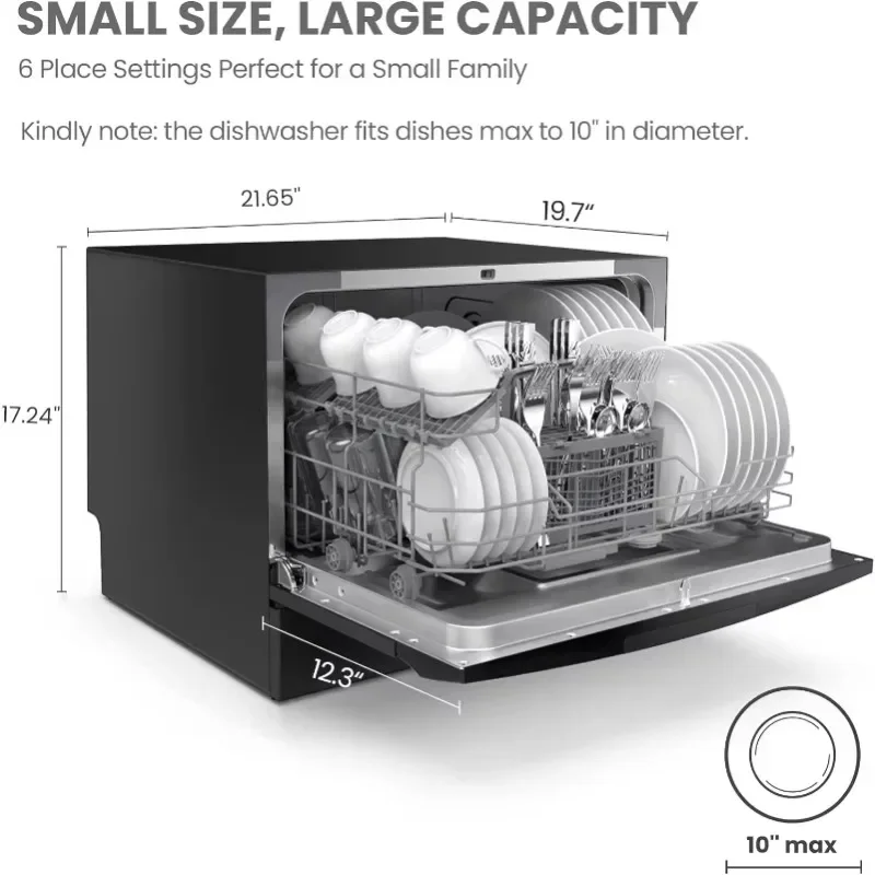 COMFEE’ Countertop Dishwasher, Energy Star Portable Dishwasher, 6 Place Settings & 8 Washing Programs,Baby-Care,ECO& Glass,Black