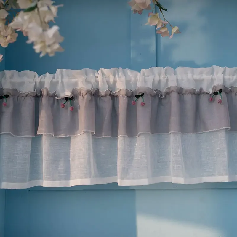 Valance-krótka zasłona W150xL40 Cm, częściowo prześwitująca, tkanina lniana, Kawaii, z Cheery Decor, kieszeń na wędkę, dom wiejski, zasłony kuchenne