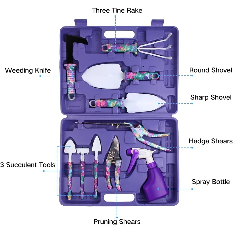 Garden Tools Set, 10 Pieces Gardening Tools with Purple Floral Print, Ergonomic Handle Trowel Rake Weeder Pruner Shears Sprayer,