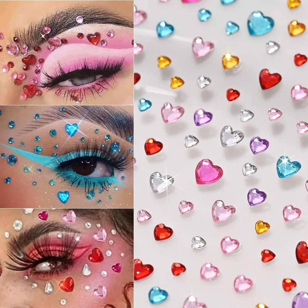 

3D Colorful Heart-Shaped Diamond Face Sticker Festival Glitter Rhinestones Tattoo Stickers Teardrop Eye Face Gems Tattoo Decals