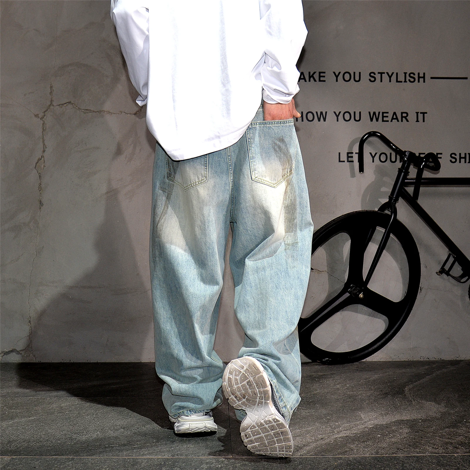 High End Men'S Clothing Distressed Baggy Jeans For Men Hip Hop Beggar Ripped Stacked Jeans Streetwear Skateboard Denim Pants