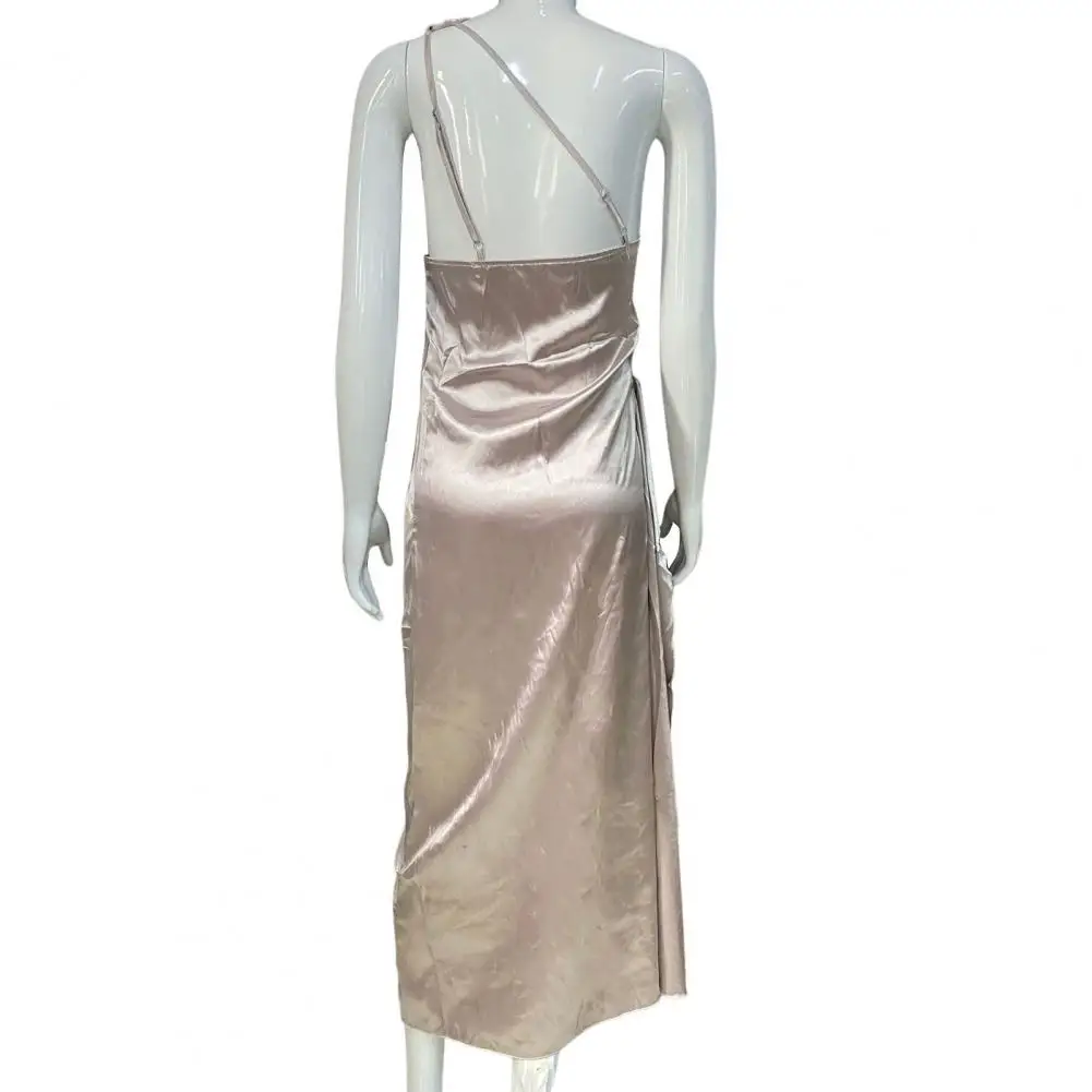 فستان رسمي عالي الخصر أنيق بكتف واحد لحفلات الكوكتيل وحفلات الكوكتيل بلون سادة مع فتحة خصر مطوية #6