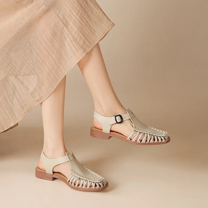 Genuine Leather Women Summer Woven Hollow Out Square Toe Fisherman Sandals Vintage Roman Buckle Strap Gladiator Style Flat Shoes
