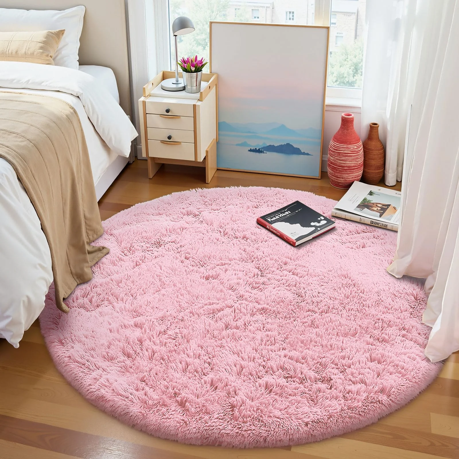 VIKAMA Pink Round Rug Soft and Fluffy Circular Living Room Area Rug for Bedrooms, Nurseries, Dorm Rooms, and Home Decor