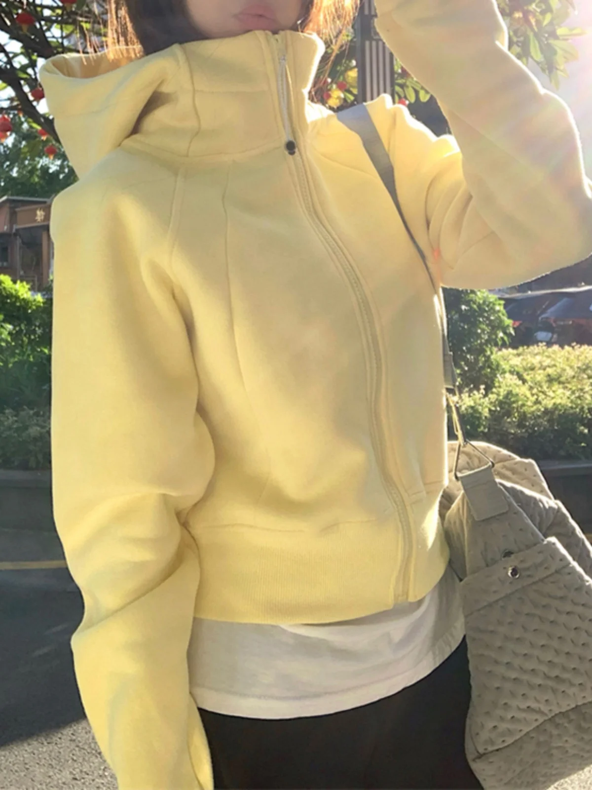 

Yellow Fce Lined Hoodie Jaet Thiened Windproof Warm ort Zipper Hooded Sweatirt Women's Faion Casual Streetwear
