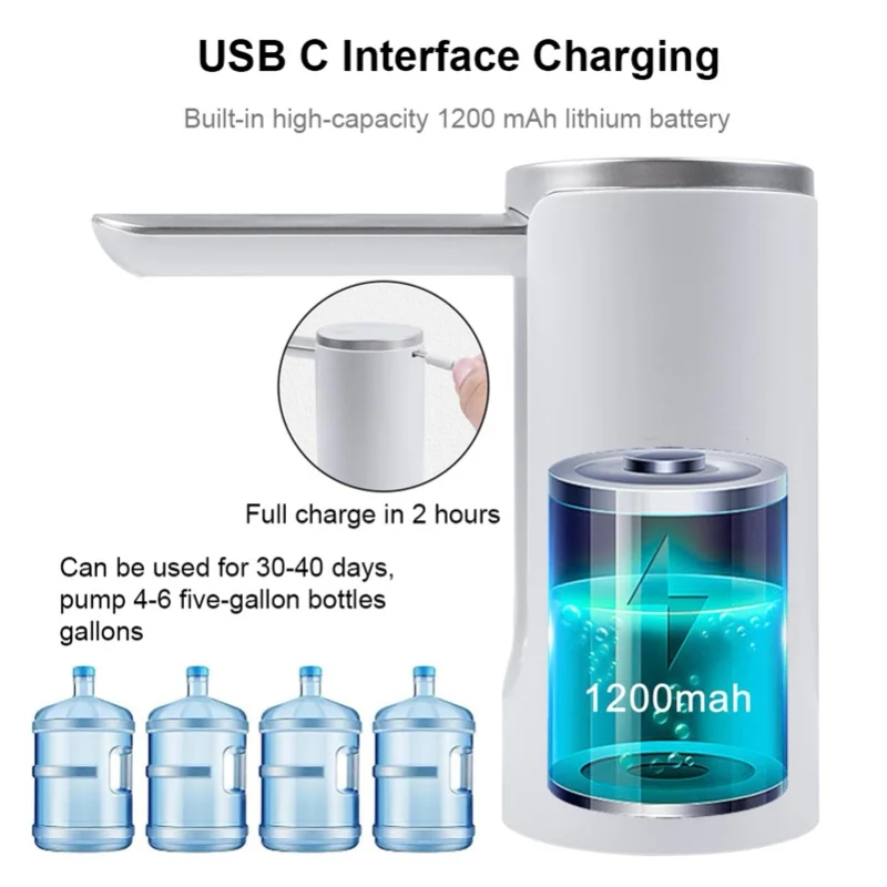 1200mAh Automatic Water Dispenser With Water Quantity Selection Electric Foldable Water Pump For Universal Gallon Bottles