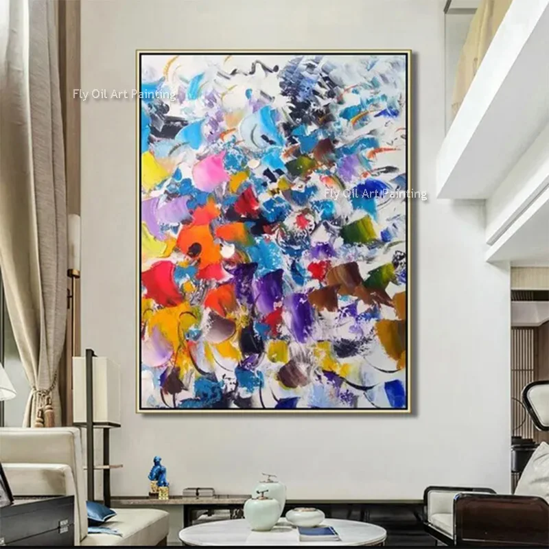 Colorful Handpainted Canvas Artwork Special Design Red And Bue Yellow Color Mixed Oil Painting For Living Room Decor As Gift