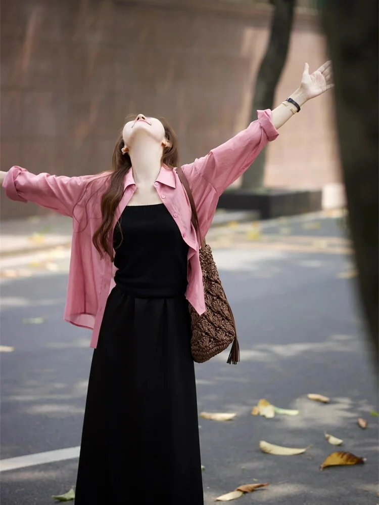 

Fall Fashion Dopaamine Large Size Lazy Style Sun Protection Shirt And Overalls Slimming Skirt Set High Waist Long Sleeve ...