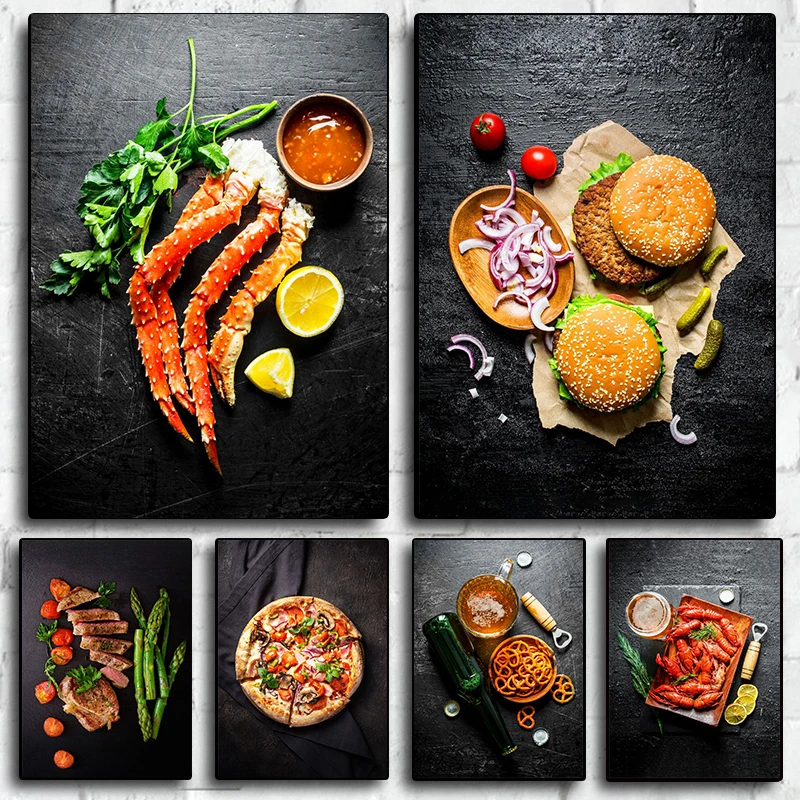 Food poster restaurant decoration seafood pizza ingredients Canvas printing  Home Room Wall art decoration frameless painting
