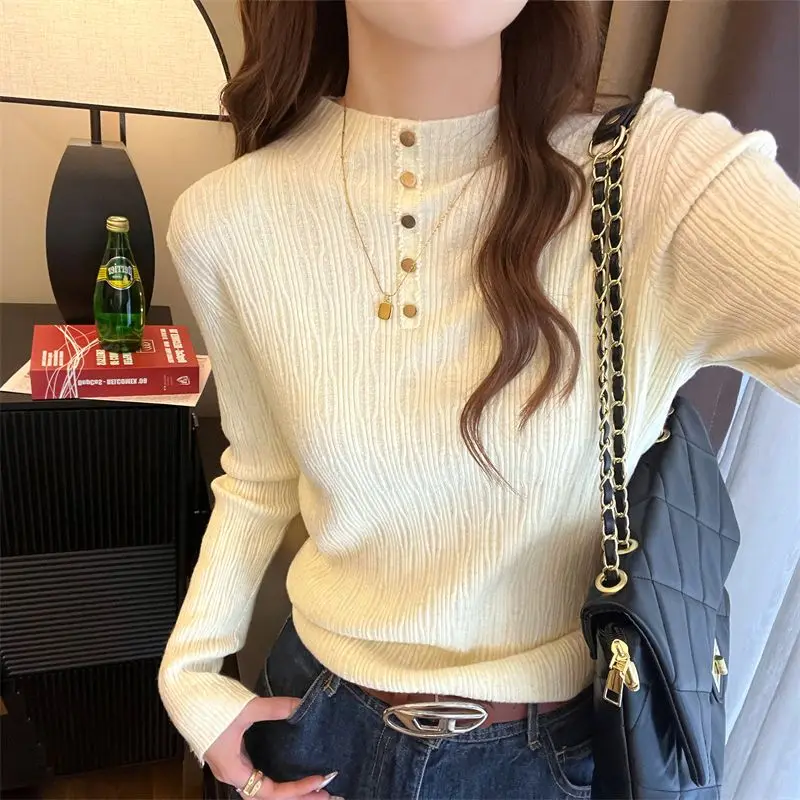 Spring Autumn Sweet Half High Collar Solid Color Button Long Sleeve Women\'s Clothing Pullover Sweater Knitted High Street Tops