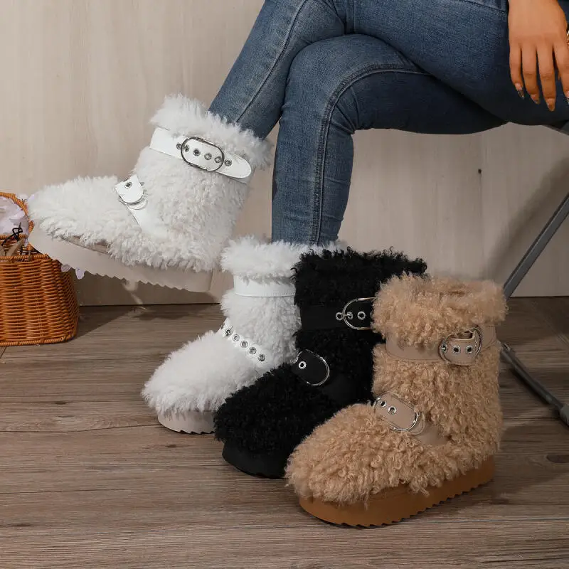 Women Winter Ankle Cotton Snow Boots Lovely Fluffy Fur ThickSole Design Metal Buckle Ornament AntiSlip Ladies Footwear 2026