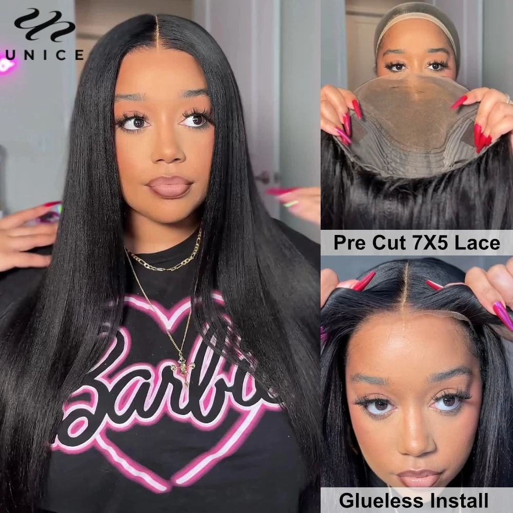 UNice Pre Cut Pre Bleached 7x5 Lace Closure Glueless Wig Human Hair Ready To Wear Natural Yaki Straight Lace Wig 150% Density