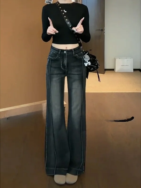 Retro Jeansy Damskie Plus Size w Stylu Vintage z Szerokimi Nogawkami, Jesienno-Zimowe, Nowe, Wyszczuplające Długie Spodnie