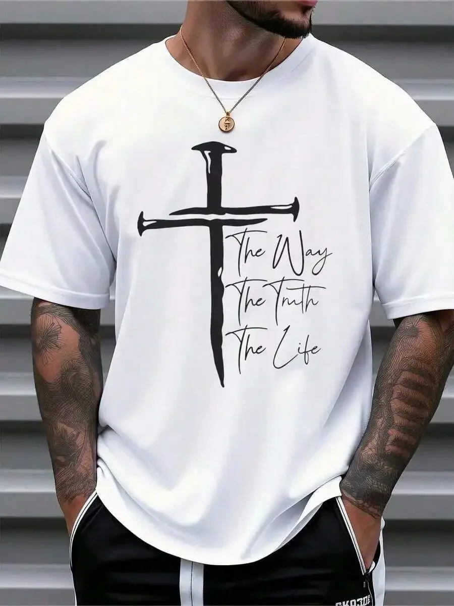 Men's Christian Faith Graphic T-Shirt - The Way The Truth The Life Cross Design, Breathable Regular Short Sleeve T-Shirt