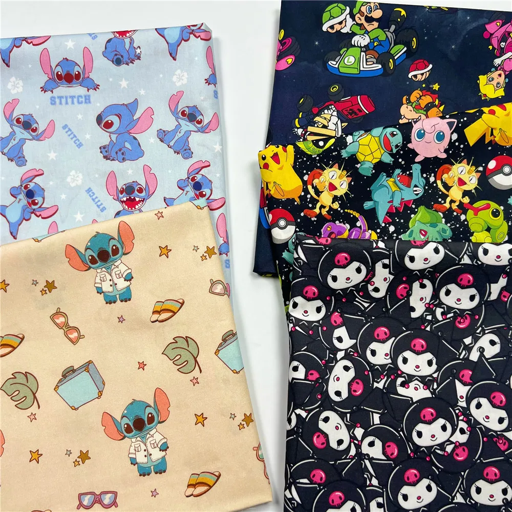 45x145cm Cartoon Stitch Kuromi poplin Cotton Fabric for Girl Skirt Clothes Home Textiles Cloth Cushion DIY Sewing Material