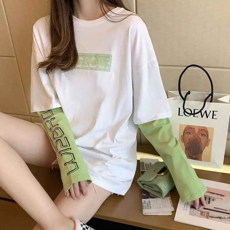 Long Sleeved Women\'s T-shirts Clothes Tops Fashion Korean Aesthetic Casual Fake Two Pulovers Top Missing Loose Graphic Autumn