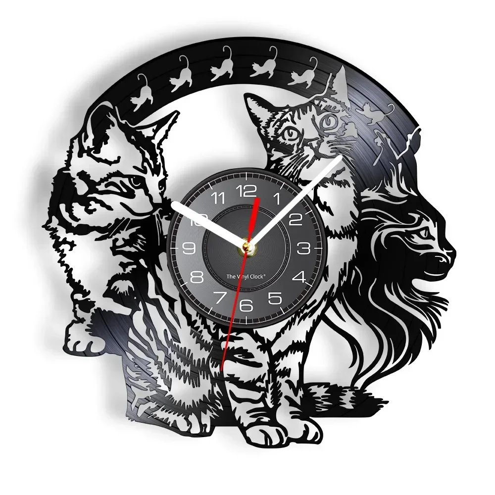 Cats Silhouette Vinyl Record Wall Clock Kitty Retro Artwork Clock Timepieces Re-purposed Vinyl Album Home Decor for Cat Lovers