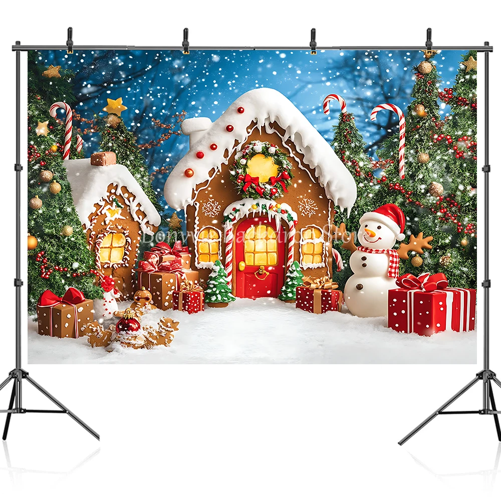 Bonvvie Snowy Gingerbread House Photography Background Glitter Xmas Tree Gift Backdrop Booth Kid Winter Birthday Portrait Studio