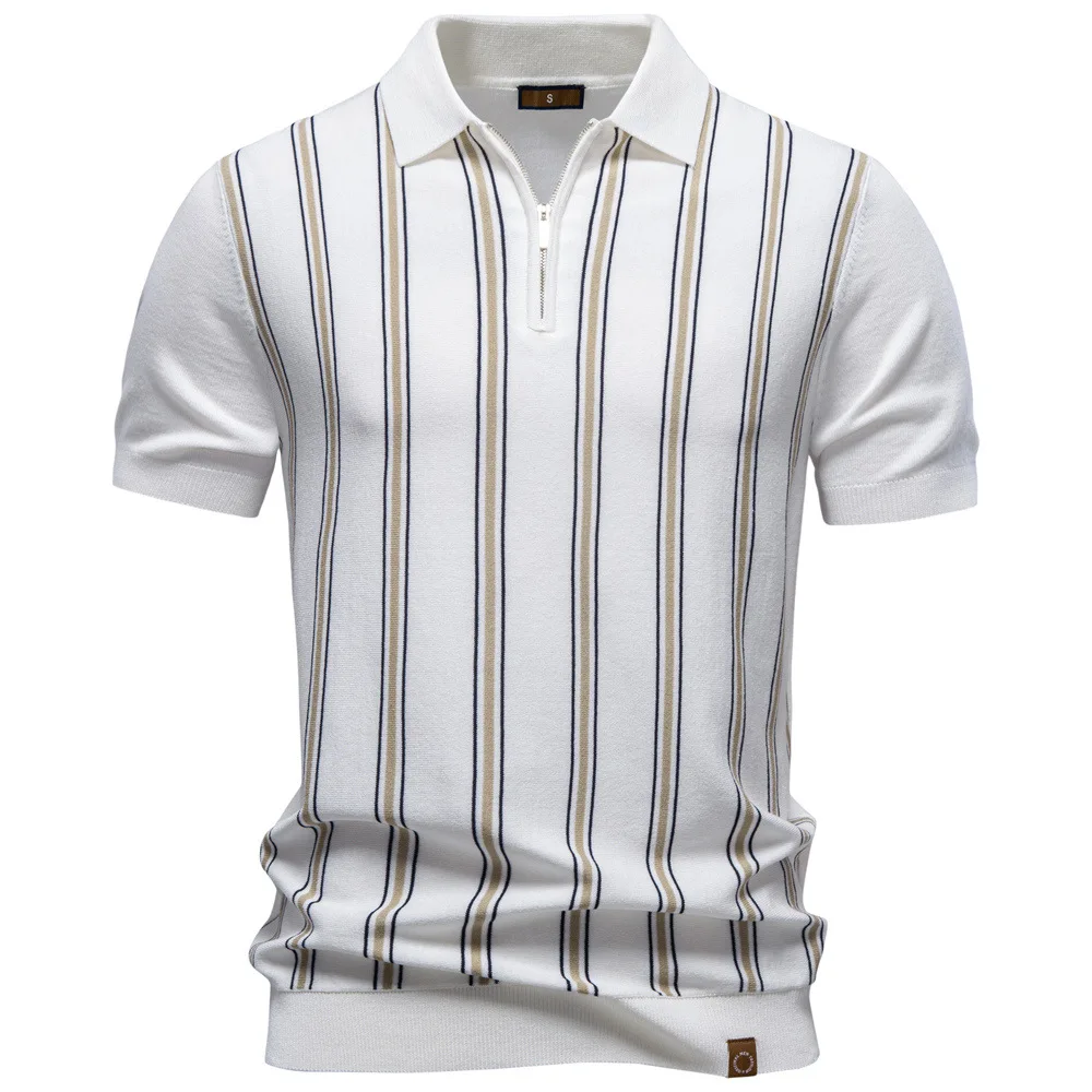 Summer 2026 Men's Business Striped Zipper Knitted Polo Short Sleeve Top Woolen Knitwear Casual Corporate Wear