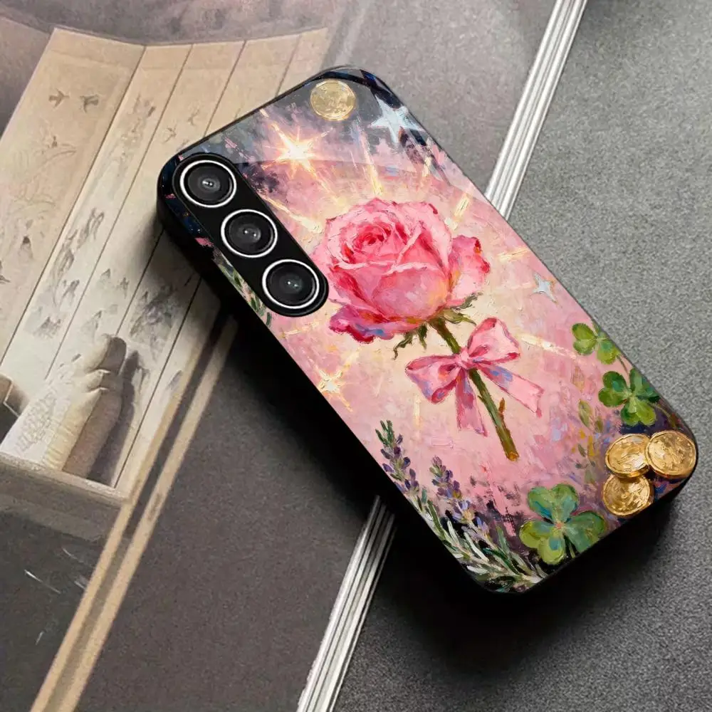 Impasto Pink Rose cases s26 ultra case fashion phone Phone Case Glass for Samsung Galaxy S26 S25 S24 S23 S22 FE,Ultra,Plus