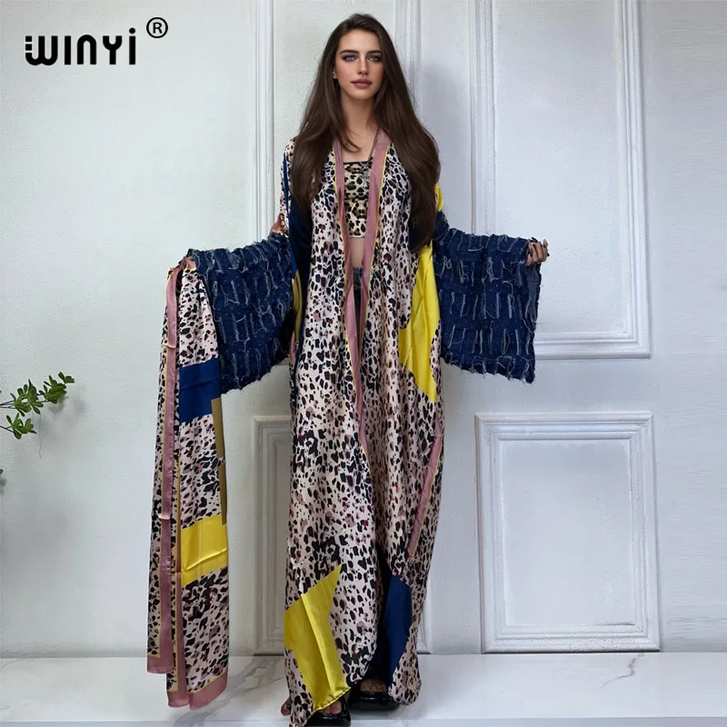 WINYI kimono Afrika gaun maxi pakaian pantai penutup elegan Cardigan pakaian pantai untuk wanita mode cetak Jeans desain mantel seksi