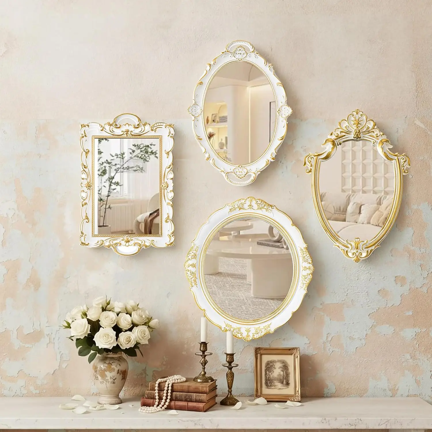 4 Pcs Vintage Gold Wall Mirror Set Luxury Gallery Wall Mirror Decorative Hanging Antique Decor for Living Room Entryway Wedding Bedroom Bathroom Victorian Decor (Elegant,White)