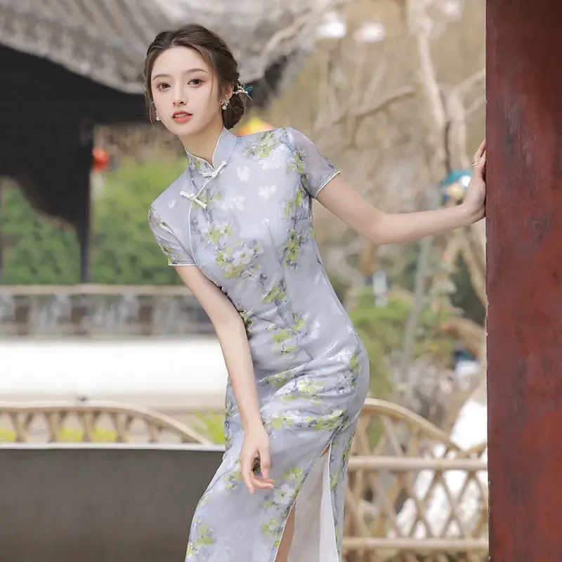 

Cheongsam, новинка 2022, женское летнее элегантное элитное женское шифоновое улучшенное шифоновое платье в китайском стиле, весна-лето