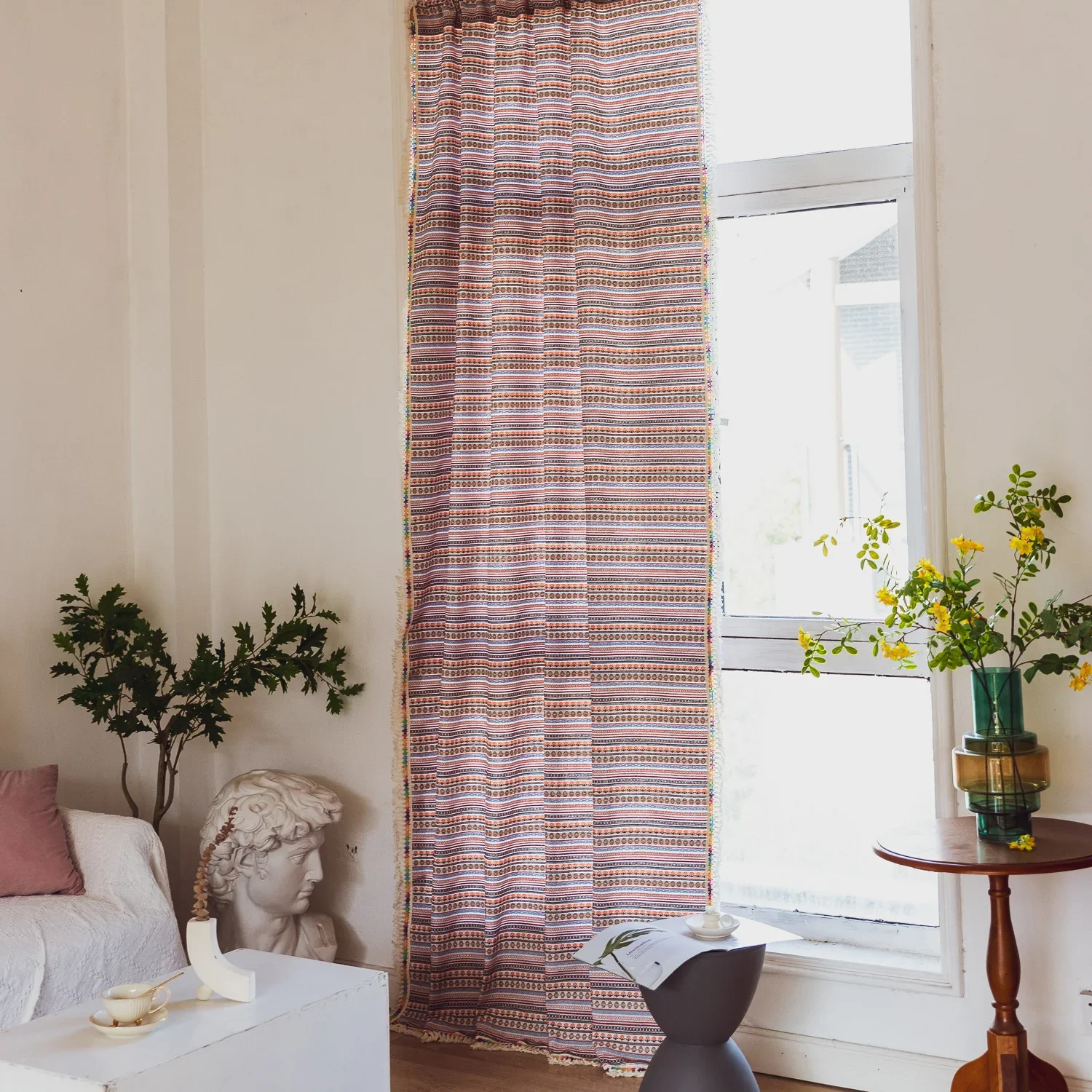 Cotton Linen Curtains for Living Room with Tassel Rod Pocket Hook Top Kitchen Curtains Bohemian Home Decor