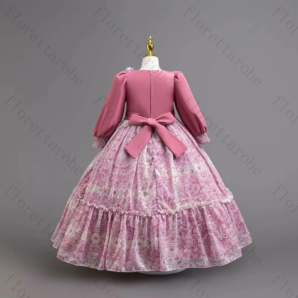 Customized Pink Vintage Kids Lolita Dress Puff Long Sleeve Patchwork Floral Printed Ruffle Hem Maxi Gown for Birthday or Wedding