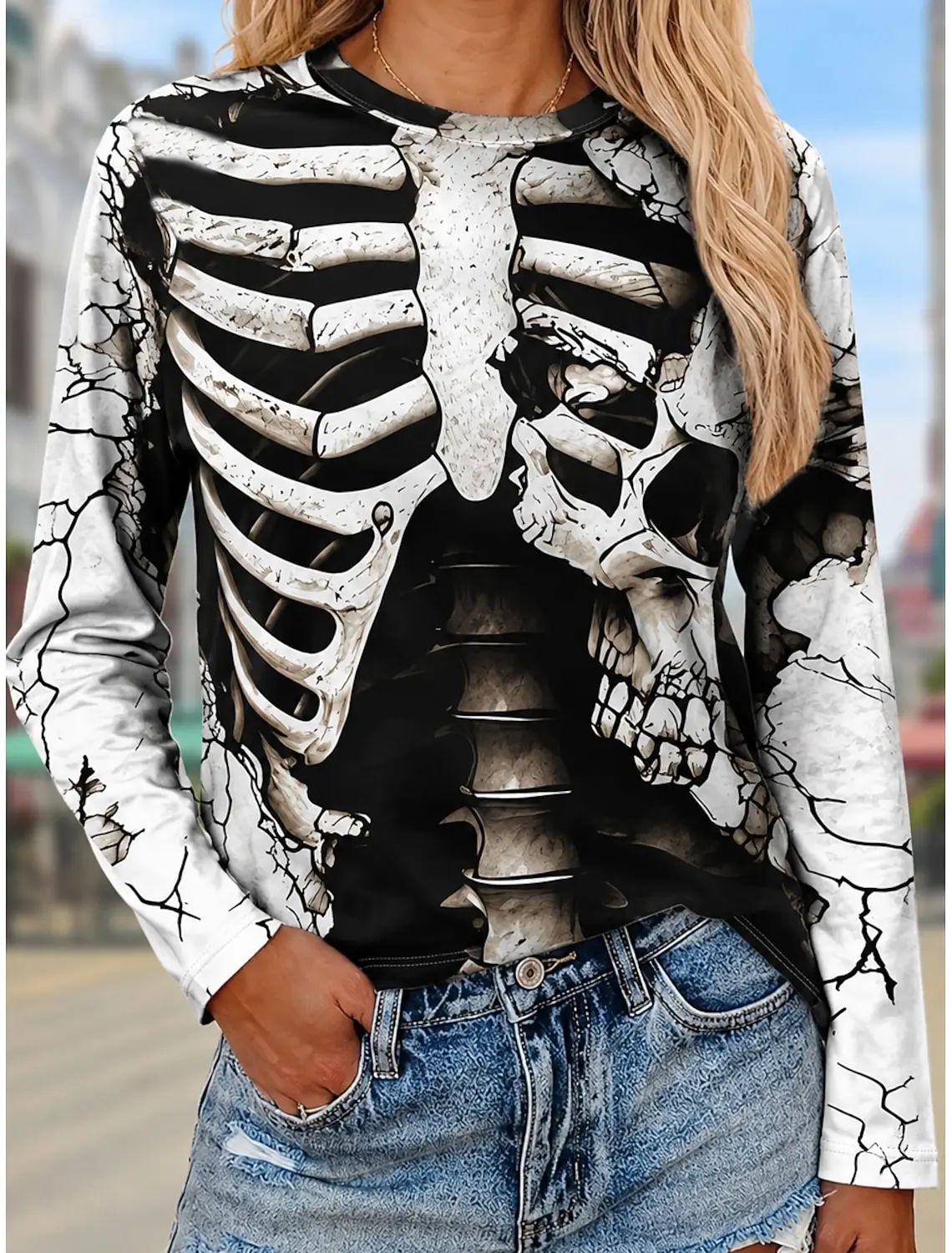 Women Gothic Skeleton Ribcage Graphic Long Sleeve Crew Neck T-shirt Pullover Skull 3D Printed Halloween Festival Gift Clothing