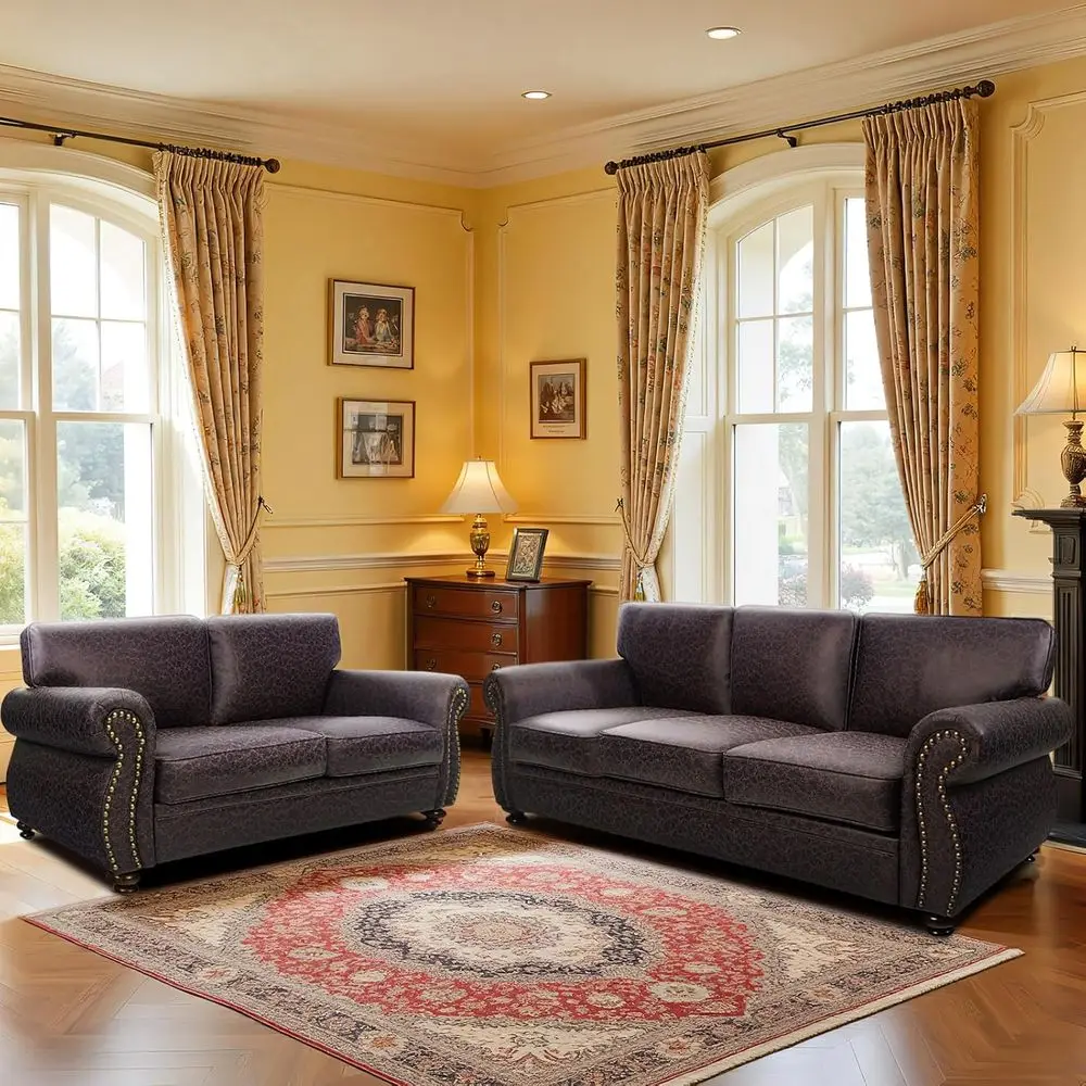 

Винтажный комплект дивана и кресла-софа с декоративными заклепками, имитация коричневой кожи