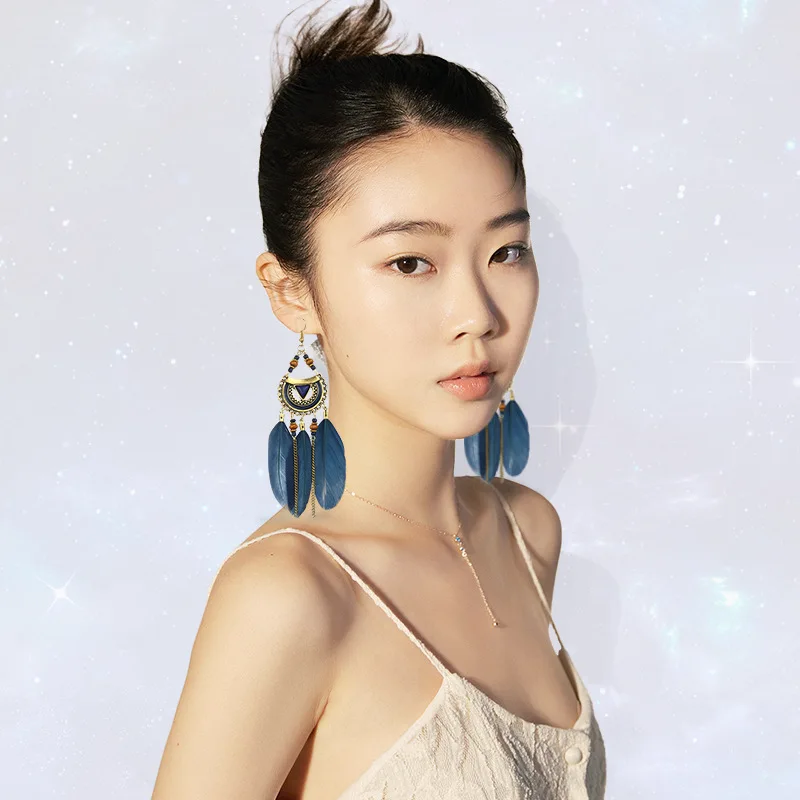 European and American ethnic style earrings, triangular feather earrings, fairy long fringed feather earrings