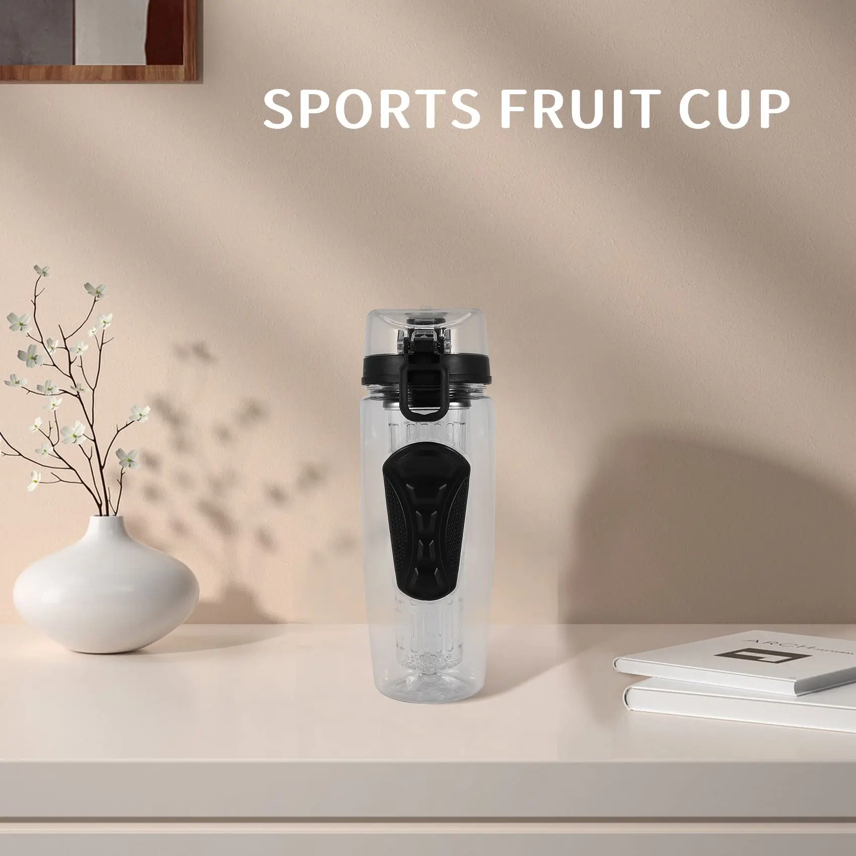 1000ml/32oz Fruit Infusing Infuser Water Bottle Plastic Sports Detox Health black