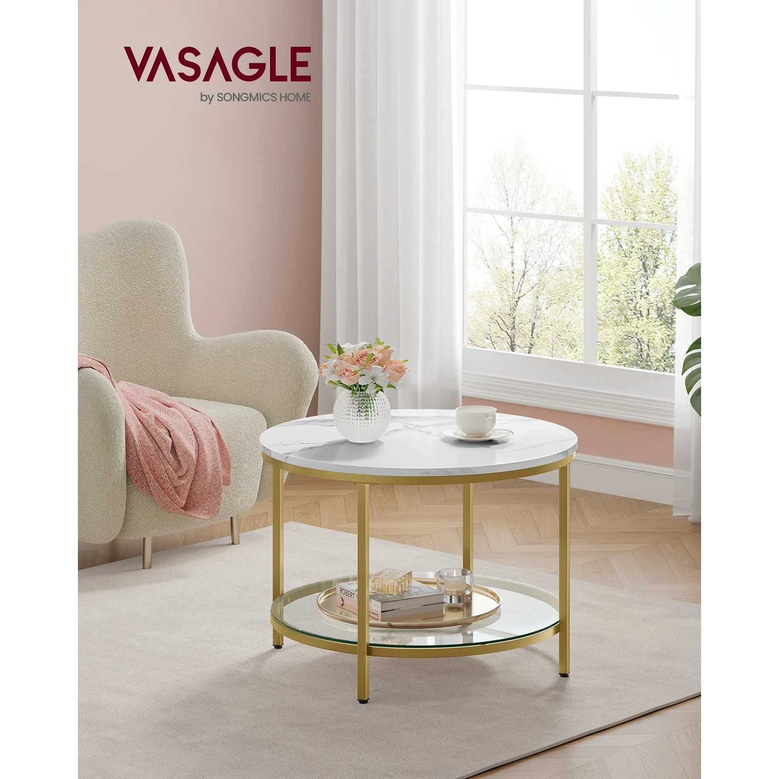 VASAGLE Coffee Table, Living Room Table, Sofa Cocktail Table Faux Marble Round, Tempered Glass Storage Shelf