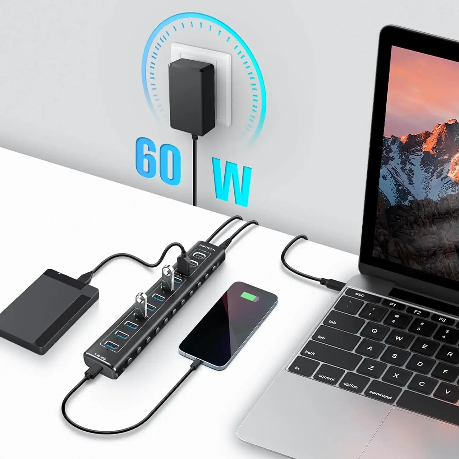 RSHTECH 60W USB 3.1 Hub 10Gbps for Laptop Macbook with 7 USB3.0 Port and 20W PD Aluminum USB Splitter Data Transfer Dock Station