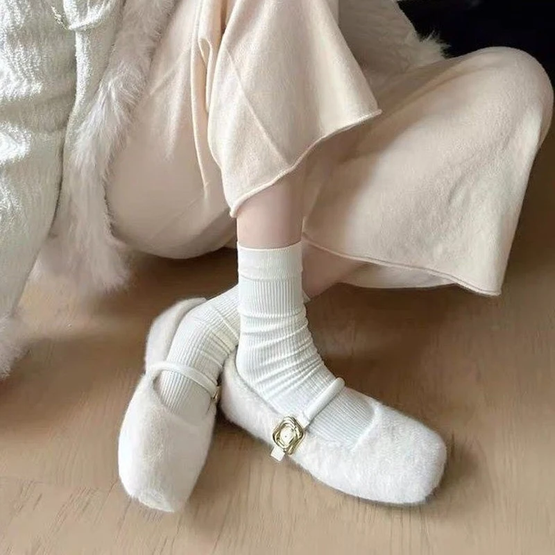 Elegant Buckle Strap Fur Mary Jane Shoes Woman Cosy Soft Fluffy Ballet Flats Ladies Plush Shallow Loafers Concise Dress Zapatos