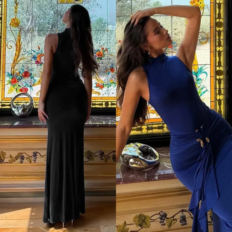 

Summer Elegant Long Dress For Women Sleeveless Turtleneck Bodycon Design With Ribbon And Metal Waist Detail Party Banquet Look