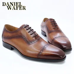 Elegante Heren Oxford Schoenen Brogue Echt Leer Zwart Bruine Klassieke Pet Teen Veter Formele Schoenen Trouwkantoor Heren Jurk Schoenen