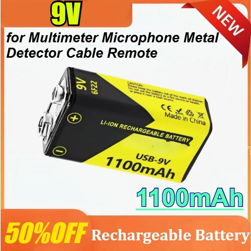 

9V 1100mAh for Multimeter Microphone Metal Detector Cable Remote Rechargeable Battery
