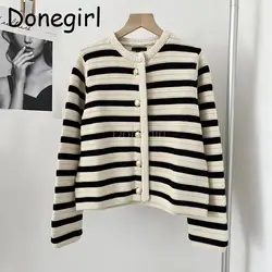 Donegirl Fashion 2023New Spring Autumn Single Row Button Knitted Striped Sweater Cardigans Slim Elegant Commute Tops Female Chic