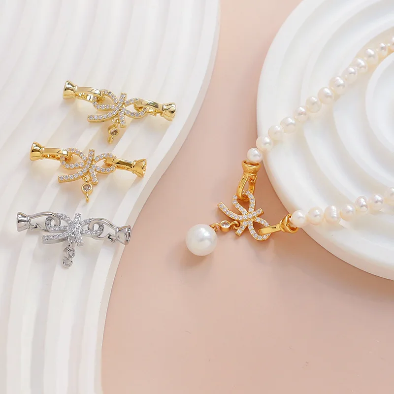 

Copper-plated Gold Inlaid Zirconium Bow with Pendant Connection Buckle DIY Bracelet Necklace Jewelry Making Material Accessorie