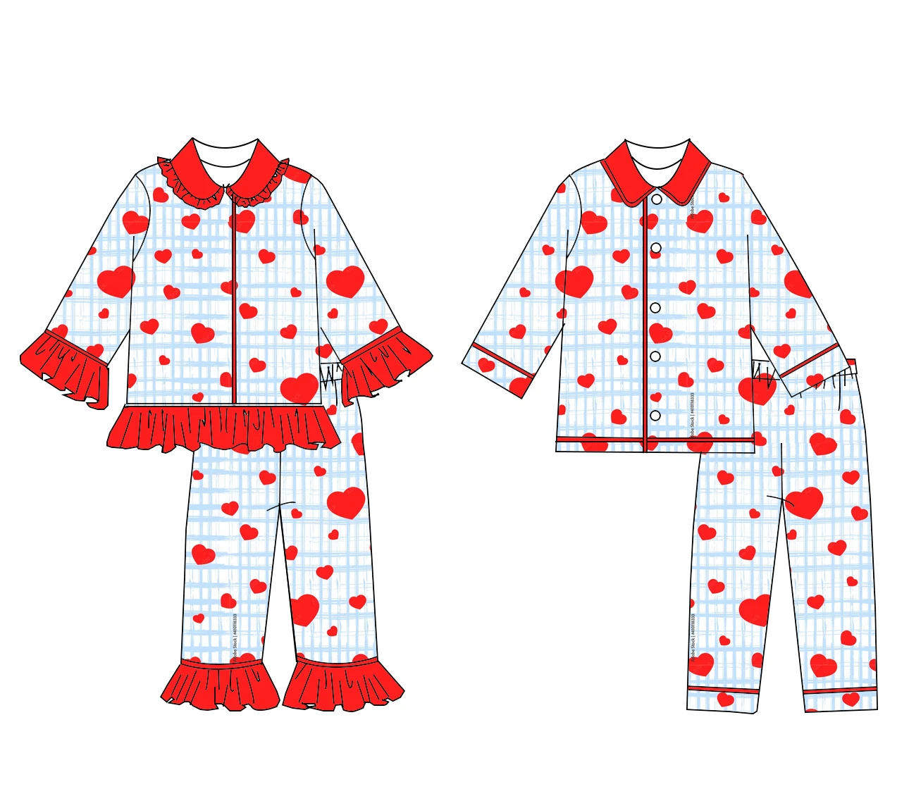 

Valentine's Day Latest Style Pajamas Blue Plaid and Red Heart Print Long-sleeved Top and Long Pants Boys and Girls Boutique Set