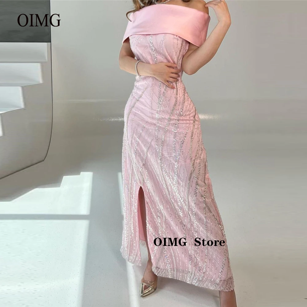 

OIMG Baby Pink Sparkly Sequin Lace Evening Dresses Off Shoulder Sleeves Ankle Length Saudi Arabic Lady Party Event Prom Gowns