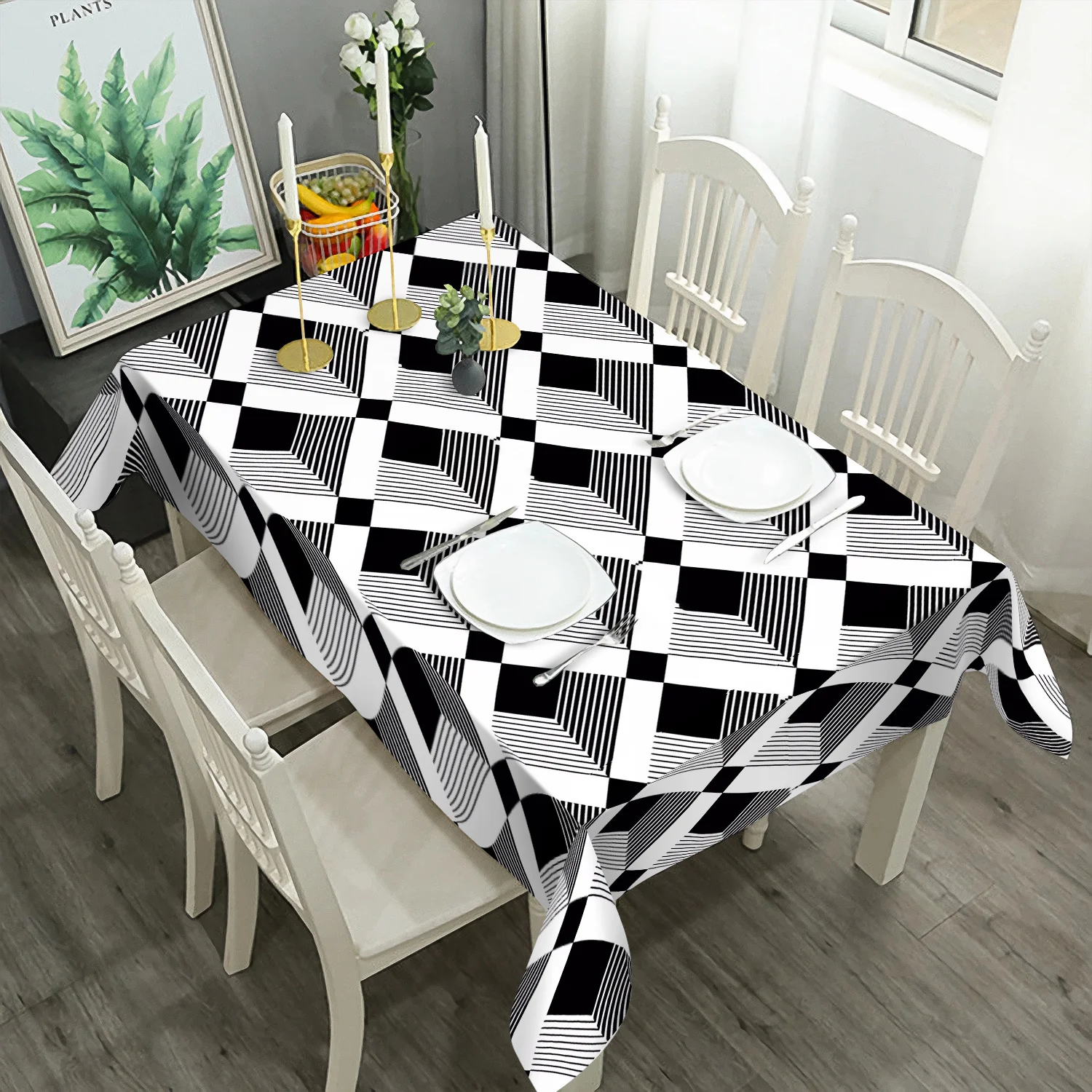 One black and white three-dimensional square pattern polyester tablecloth, for table decoration