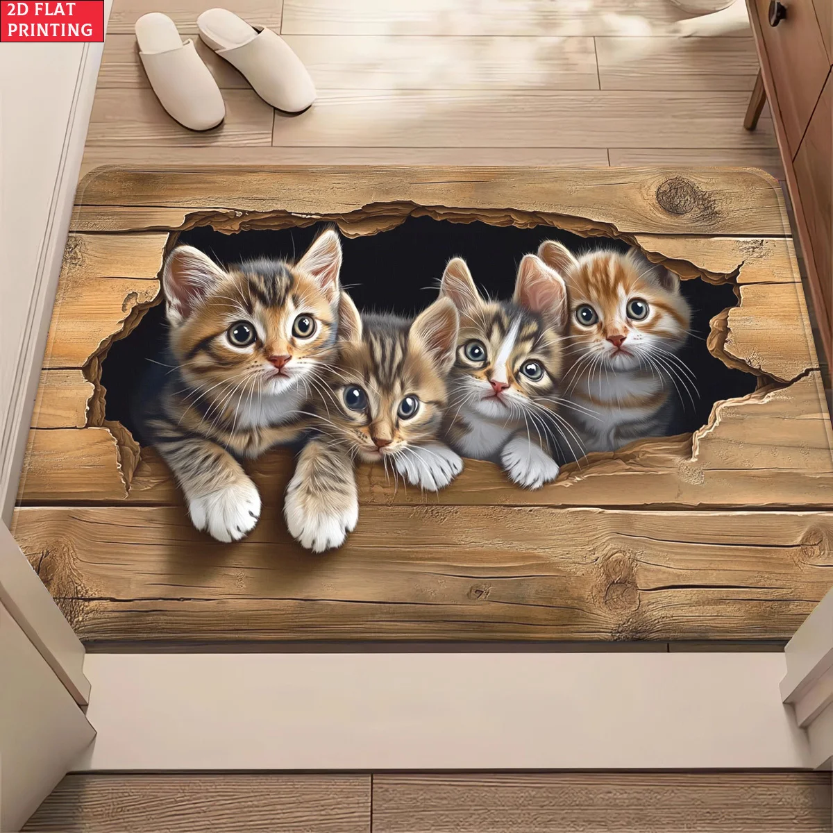 3D Visual Kitten Wooden Doormat Lovely Tabby Cats Ripped Timber Style Washable Floor Rug for Cat Lover Indoor Living Space Decor