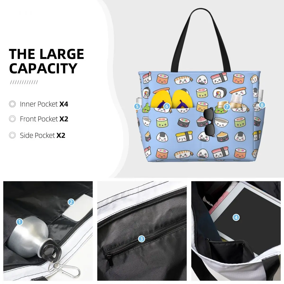 Happy Kawaii Sushi Beach Travel Bag, Tote Bag Retro pratico viaggio regalo di compleanno modello Multi-stile