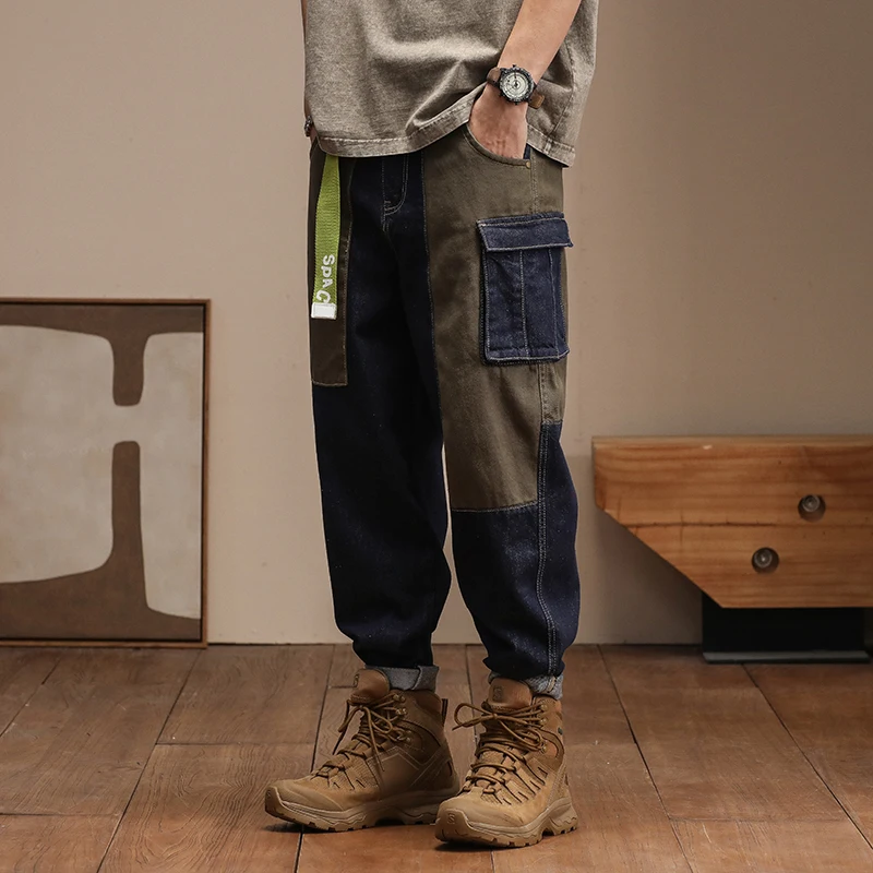 New Arrival Hot Sale Top Fashion Autumn Zipper Fly Stonewashed Casual Patchwork Cargo Denim Pockets Cotton Jeans Men